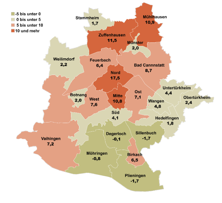 Karte von Stuttgart mit Stadtbezirken und farblich markierten Werten.